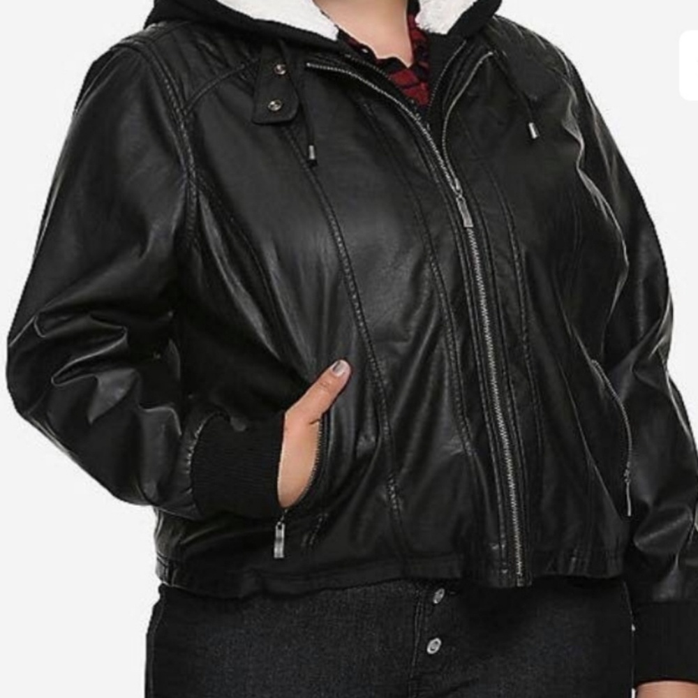 Faux Leather, Fur Lined Hoodie Jacket